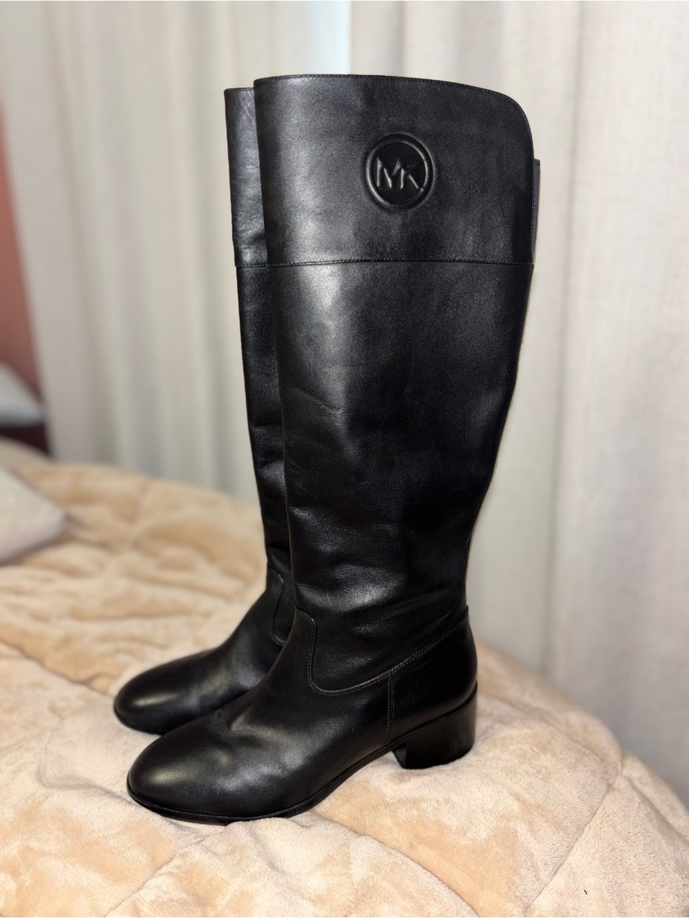 Michael Kors Black Leather Tall Riding Boots with MK Medallion